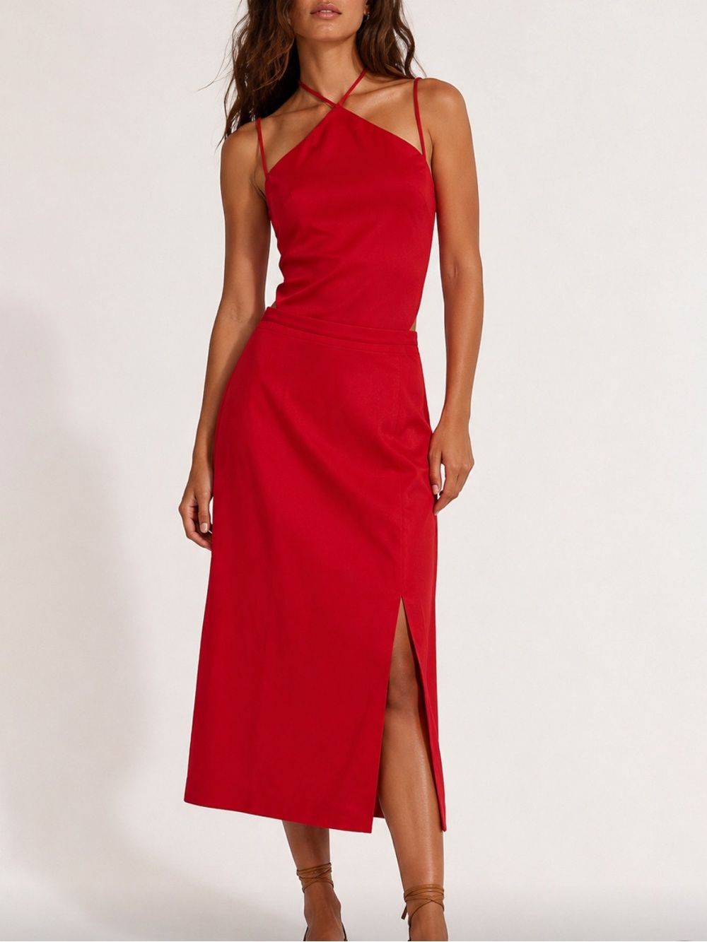 FREE PEOPLE X FAME & PARTNERS Red Lace-Up Backless Midi Dress